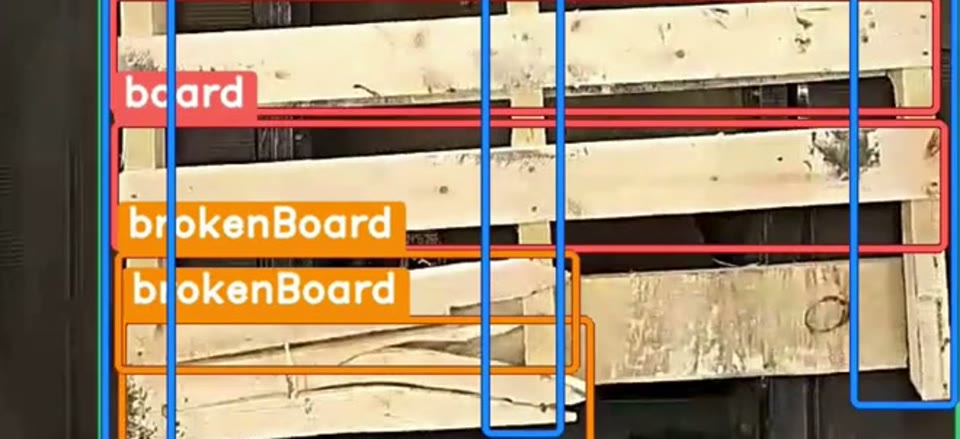 Overhead camera frame of a 48 by 40 GMA pallet in which two split deck boards are boxed and labelled broken board by the system